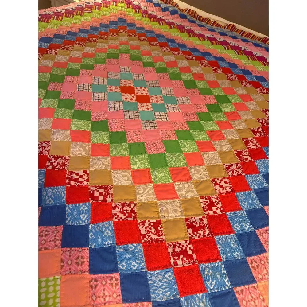 Vintage Trip Around The World Patchwork Quilt Brightly Colored King